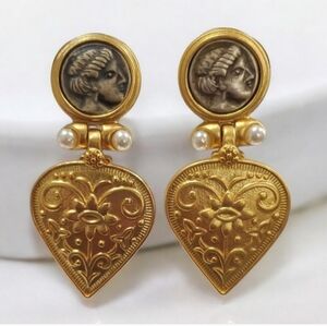 Byzantine Revival Gold Baroque Scroll Heart Roman Coin Pearl Clip-on Earrings